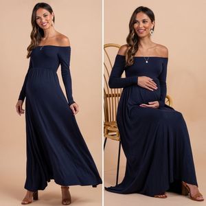 Pink Blush Maternity Navy Blue Solid Off Shoulder Maxi Dress